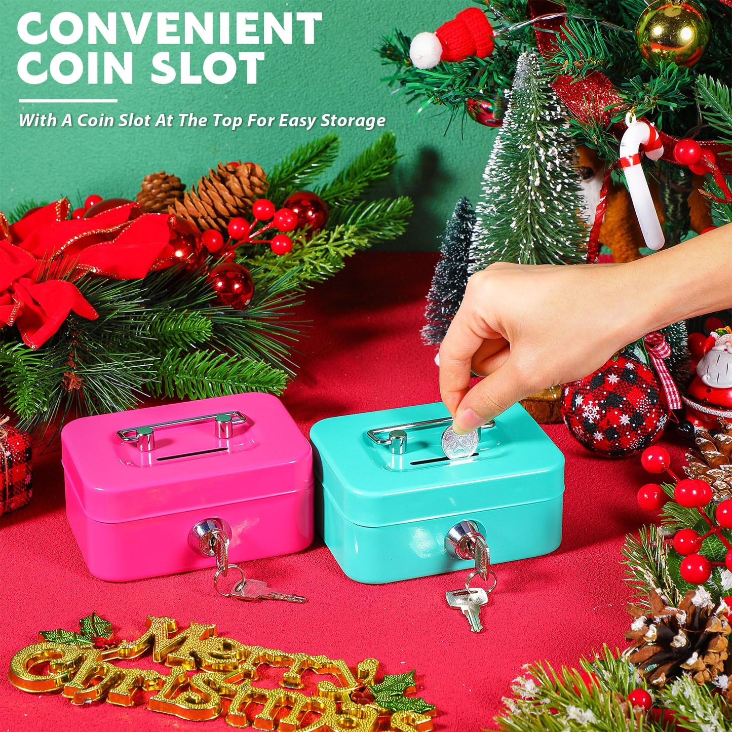 Tandefio 4 Pieces Small Money Box with Lock Metal Cash Box Piggy Bank with Lock and Slot 4.5 x 3.3 x 2 Inch Metal Coin Bank Gifts for Christmas New Year, Without Money Tray(Black, Green, Gray, Pink)