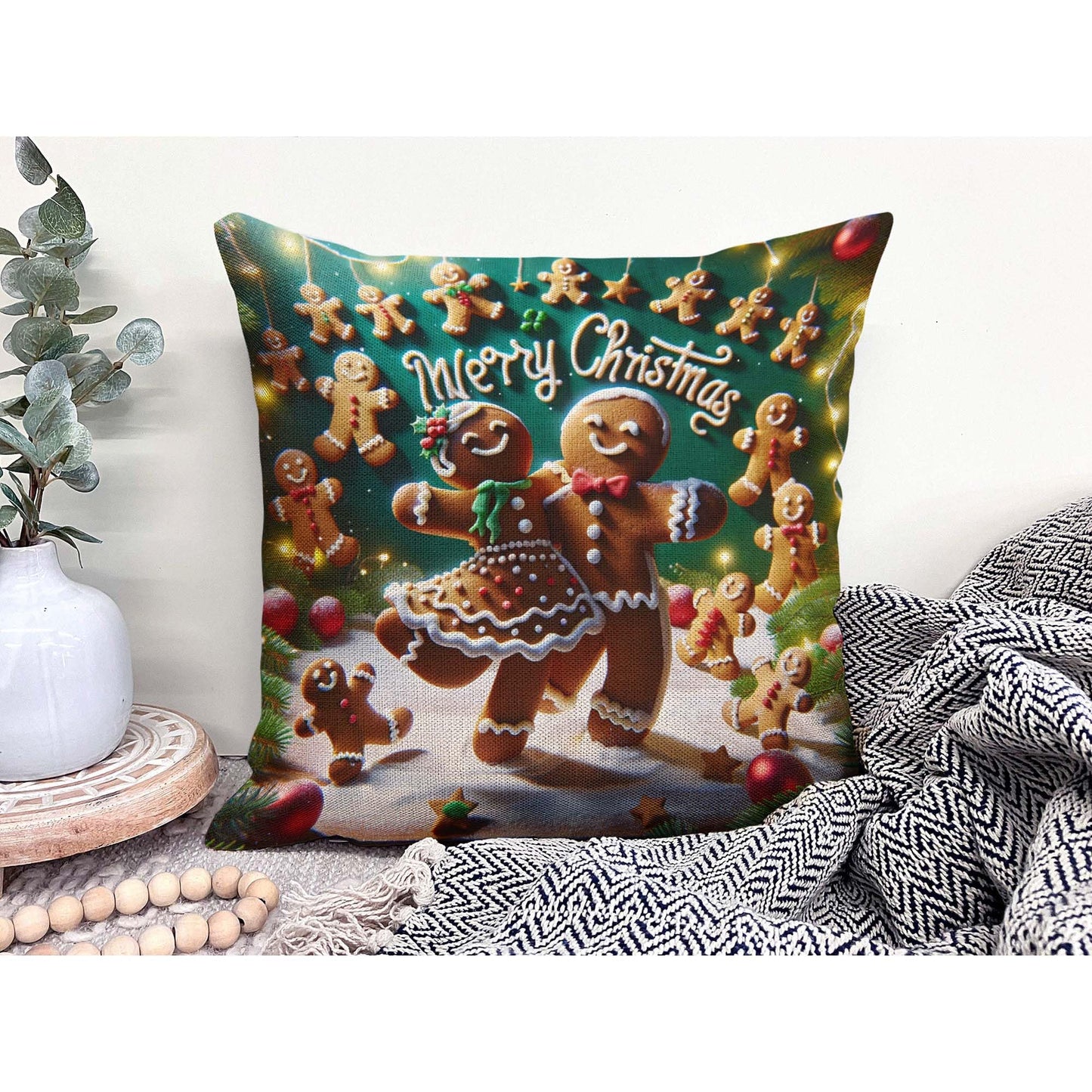 Throw Pillow Cover 20x20 Inch,Gingerbread Man Woman Dancing With Words Merry Christmas Spelled With Gingerbread Men Throw Pillow Case,Home Decor Cushion Covers for Sofa Living Room Couch Bed