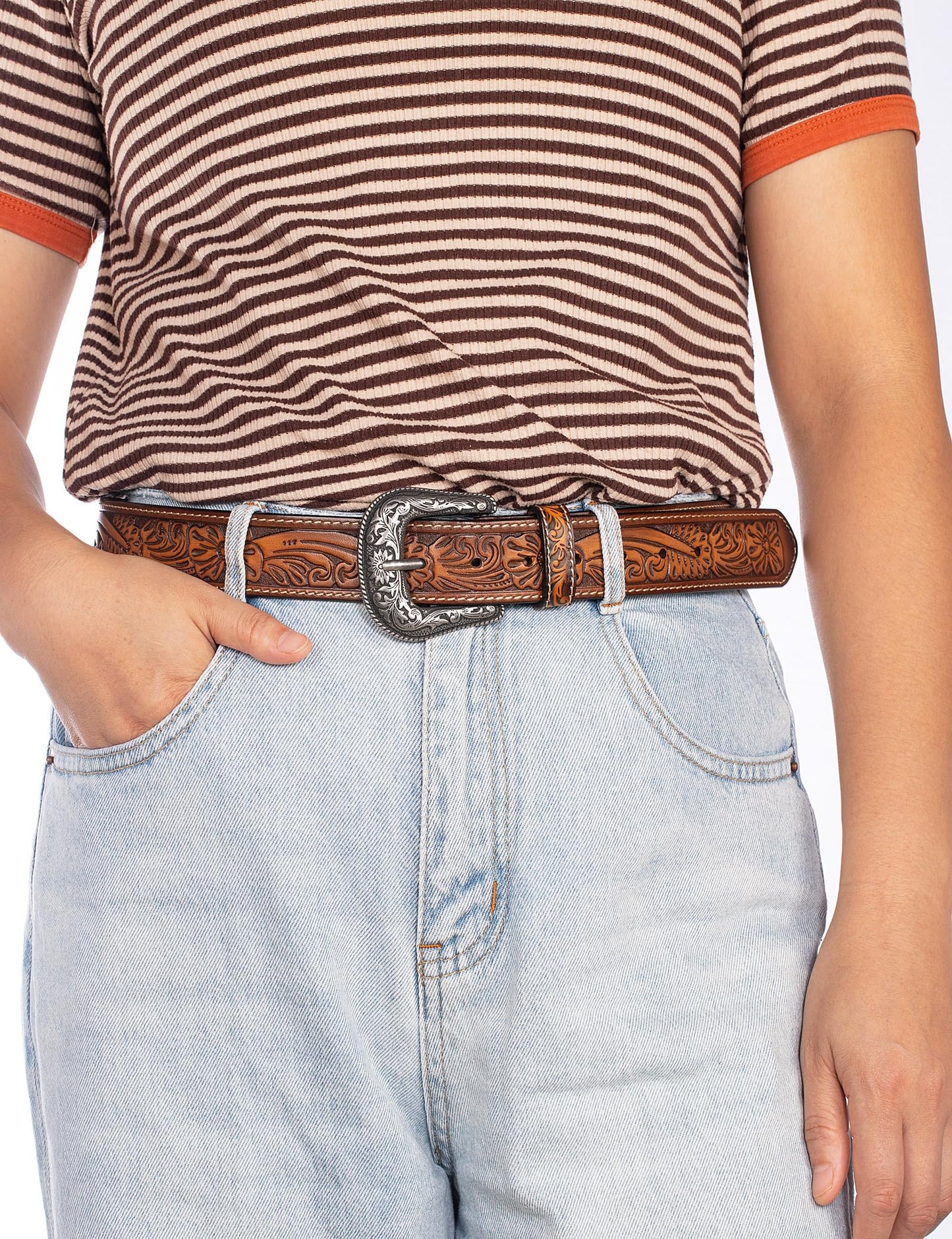Biybletes Western Cowboy Leather Belt - 1.5" Genuine Leather Country Belt with Durable Buckle (Brown-3, Fit Pants Size 34)