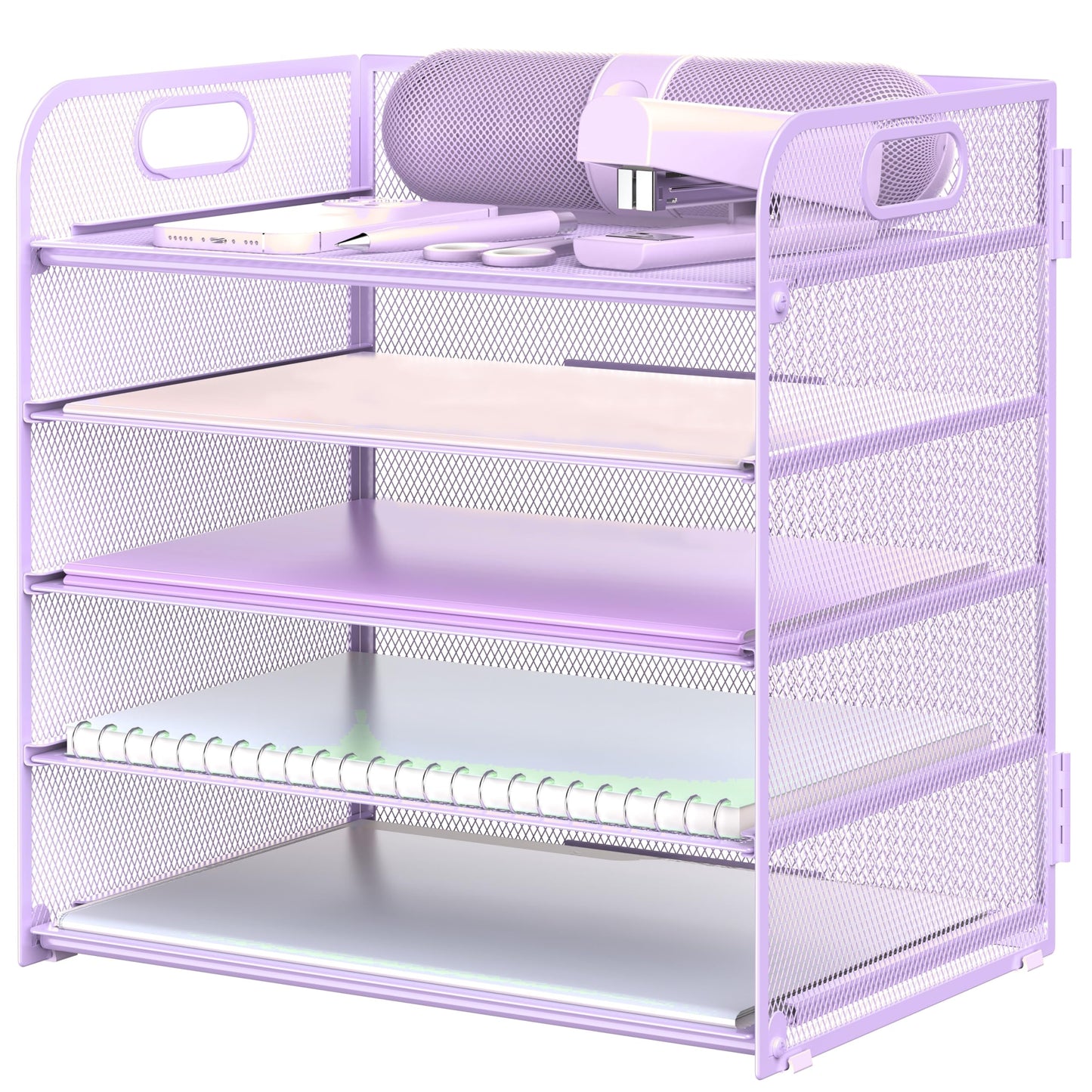 Letter Tray Paper Organizer 5-Tier Desk Organizer File Organizer Paper Holder with Handle, Metal Desktop Document Shelf Tray Office Classroom Organization - Purple