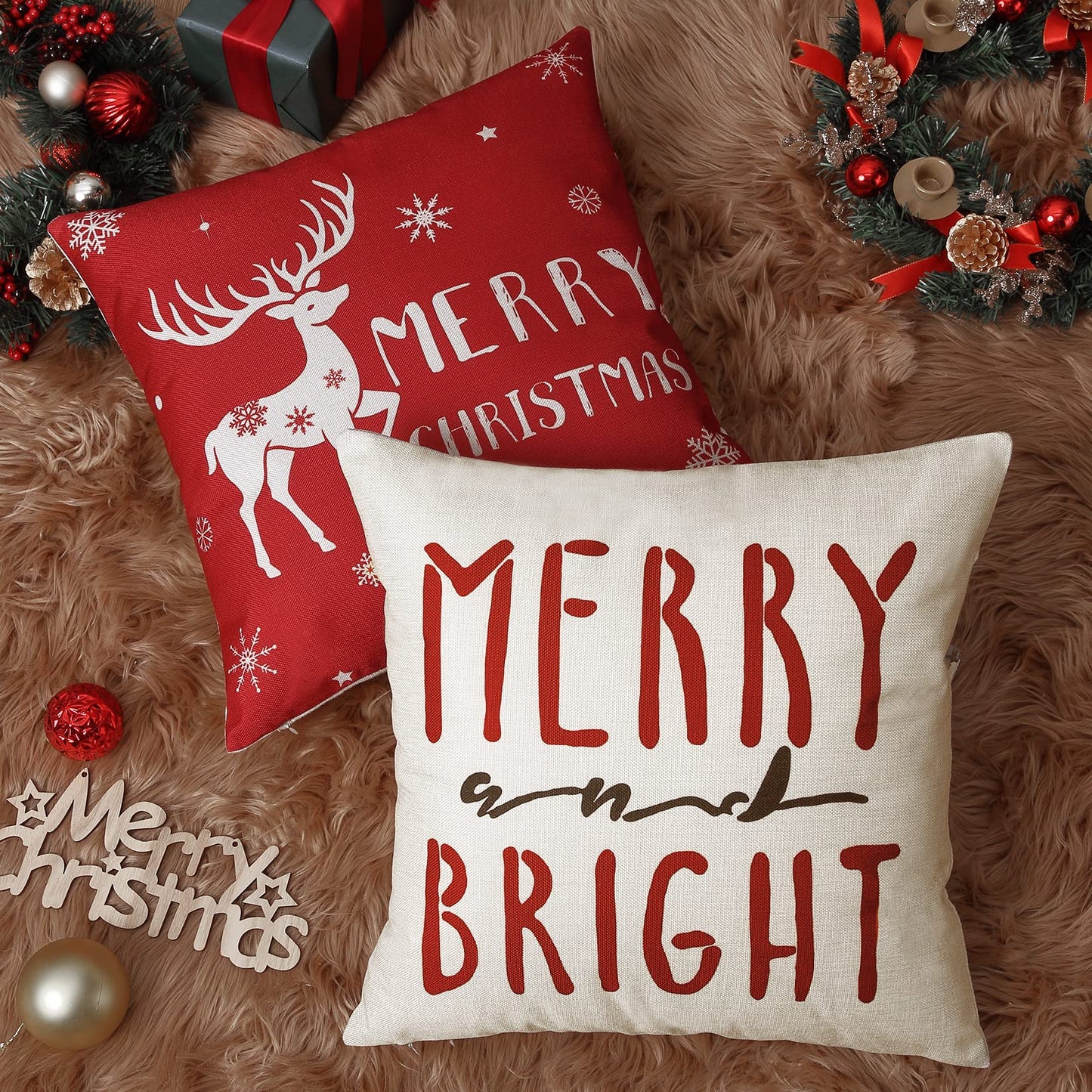 CAROMIO Christmas Decoration Pillow Covers 18 x18 Set of 4 Farmhouse Decorative Throw Pillows for Home Deer Rustic Xmas Tree Pillow Cases Winter Holiday Decor Throw Cushion Cases for Sofa Couch
