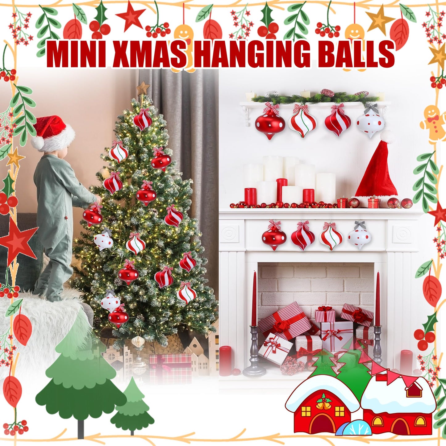Sggvecsy 12 Pcs Peppermint Candy Ornaments - Candy Cane Balls, Red & White Hanging Stripes - Christmas Tree Ornaments for Xmas Party & Indoor/Outdoor Holiday Home Decorations