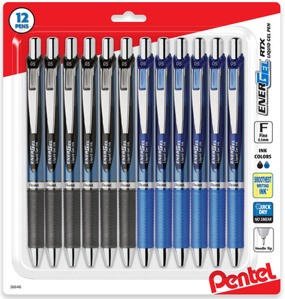 Pentel Energel 0.5 mm Rtx Retractable, 12 Pack of 6 Black & 6 Blue Ink Pens Needle Tip, Pens 0.5 mm Fine Point