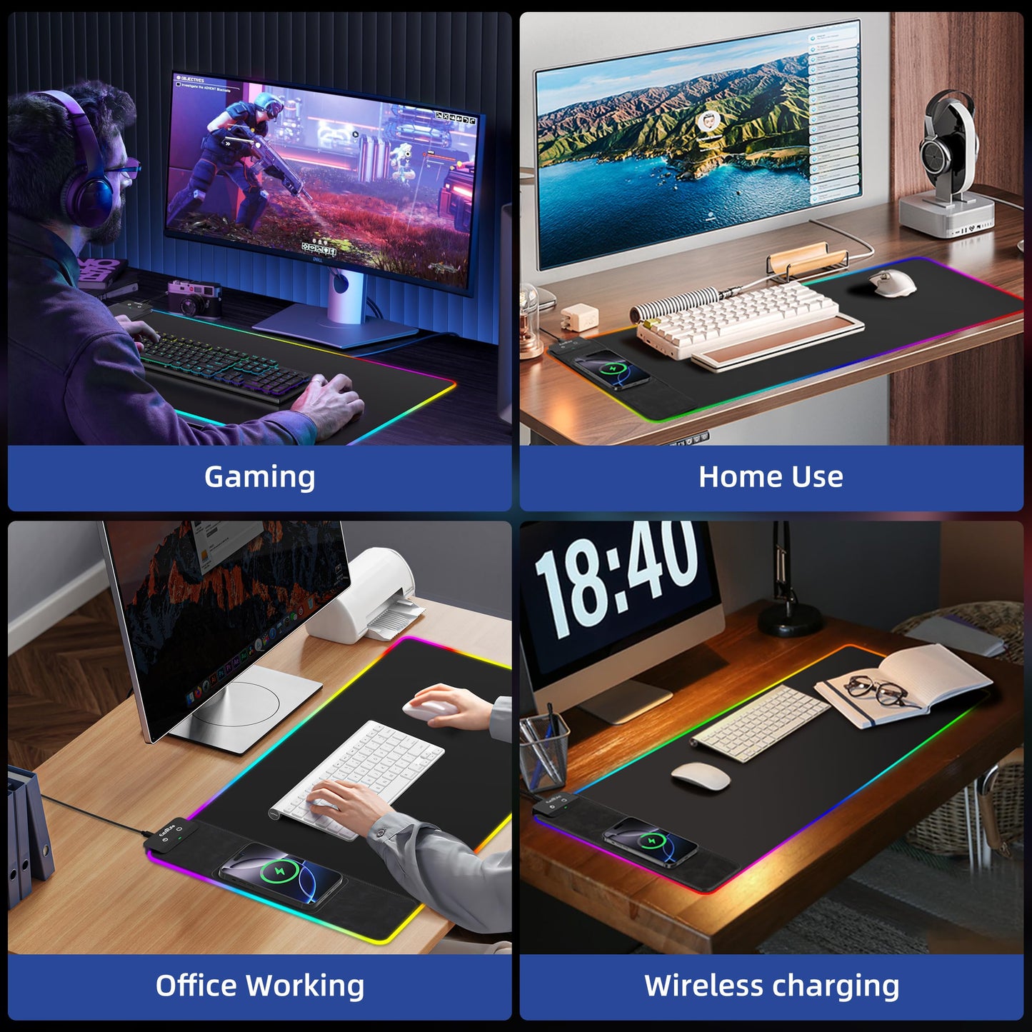 Mouse Pad with Wireless Charging, RGB Gaming Mousepad, Large Desk Mat with Ultra-Smooth Surface, Non-Slip Mouse Mat, Waterproof Computer Keyboard Pad for Gaming, Desk, Office, PC, 800x400x4MM, Black