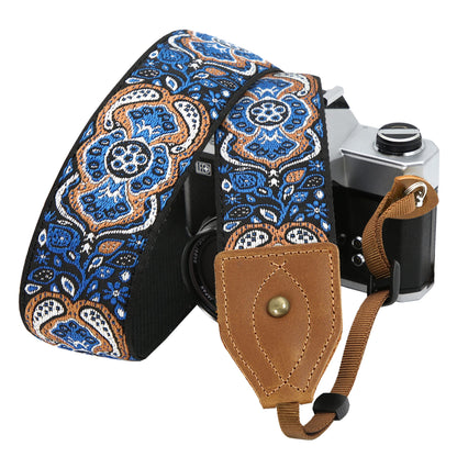 Padwa Lifestyle Camera Strap - 2" Wide Crazy Horse Art Cowhide Head,Vintage Jacquard Embroidery Camera Straps for Photographers Gift, Adjustable Shoulder Neck Strap Fits DSLR Cameras(Elegant Blue)