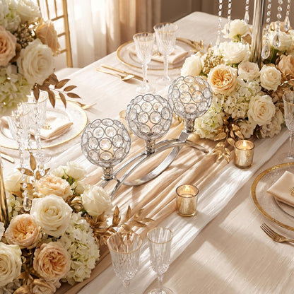 3-Arm Arched Crystal Candelabra, Sliver Candle Holder Table Centerpiece for Wedding, Home Decor, Dining, Party, Thanksgiving & Christmas Decoration(1PCS)