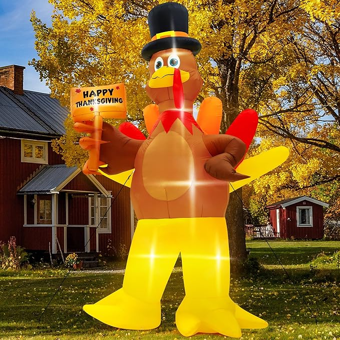 12FT Inflatable Turkey, LED Lighted Turkey Holding Happy Thanksgiving Sign for Fall Autumn Outdoor Yard Lawn Harvest Decor