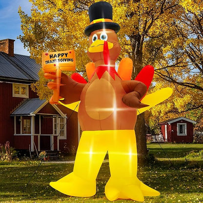 12FT Inflatable Turkey, LED Lighted Turkey Holding Happy Thanksgiving Sign for Fall Autumn Outdoor Yard Lawn Harvest Decor
