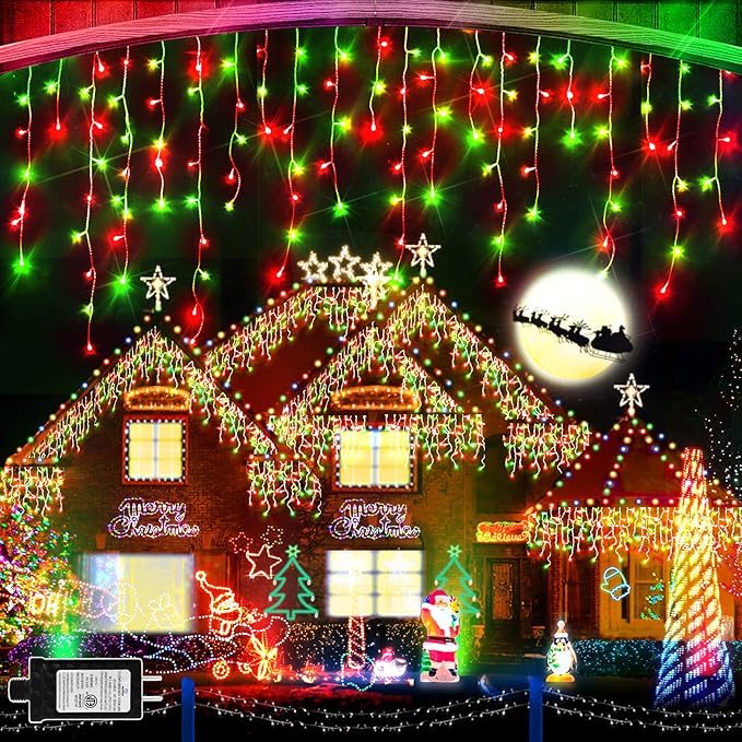 JXLEDAYY 65 FT 640 LED Christmas Lights Outdoor Decorations Clear Wire String Lights Plug in 120 Drops 8 Modes Memory Timer Curtain Fairy Lights Waterproof for Holiday Wedding Party-Red and Green