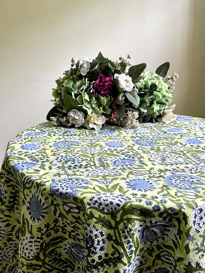 ATOSII Amara 100% Cotton Round Summer Tablecloth, Handblock Print Floral Table Cloth for Kitchen Dining Linen I Parties, Weddings, Outdoors I Grand Millennial Farmhouse Home Decor 72" Inches Round