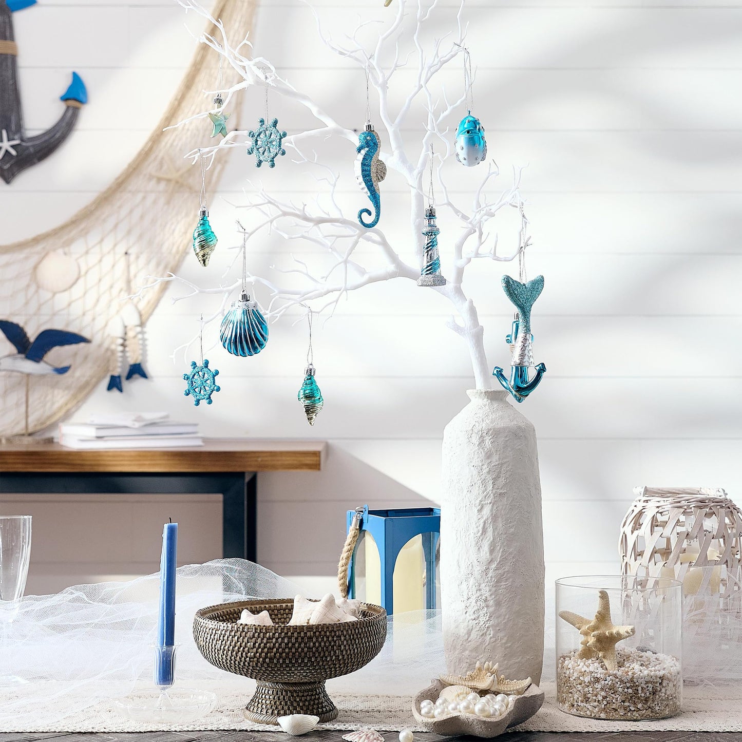 Valery Madelyn Summer Ornaments Tree Decorations Set, 12ct Light Blue and Silver Shatterproof Summer Balls Bulk, Summer Beach Coastal Ocean Nautical Marine Hanging Seafair Xmas Holiday Decor
