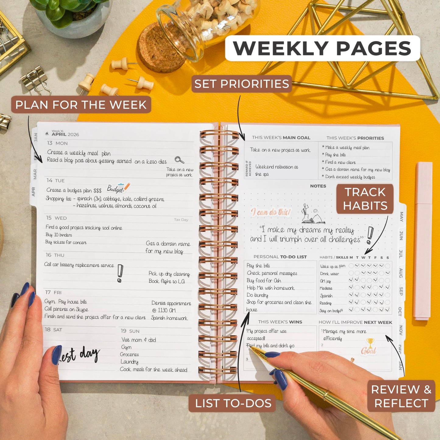 Clever Fox Dated Planner with Tabs 2026 – Weekly & Monthly Spiral Planner with Habit Tracker for Goal Setting & Time Management (Rose Gold)
