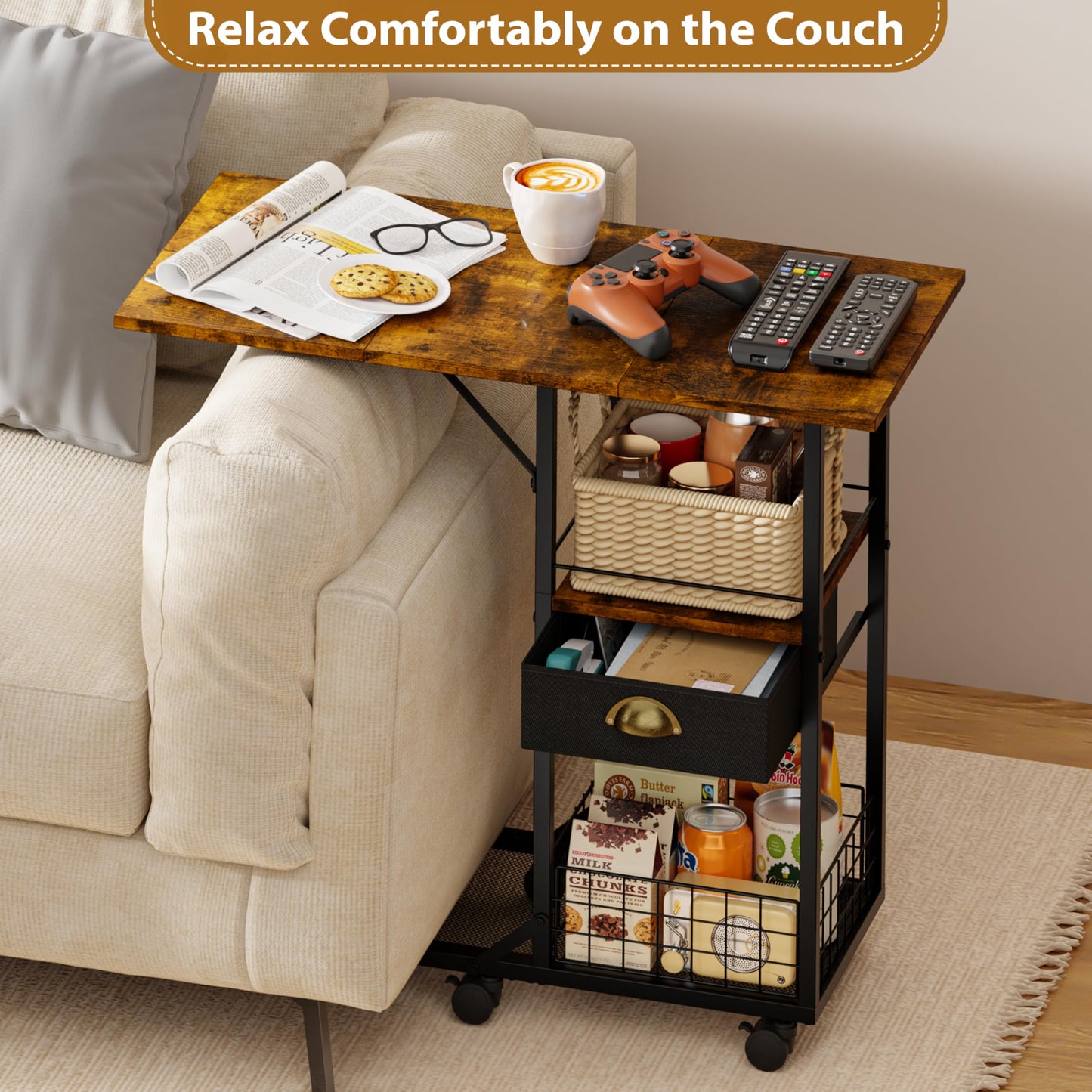 Rolling Coffee Table with Oversized Double-Wide Wood Top, Mobile Tv Tray with Storage Drawer and Wheels for Sofa, Portable Side Table for Living Room, Home Office, Spacious Desk for Working Studying