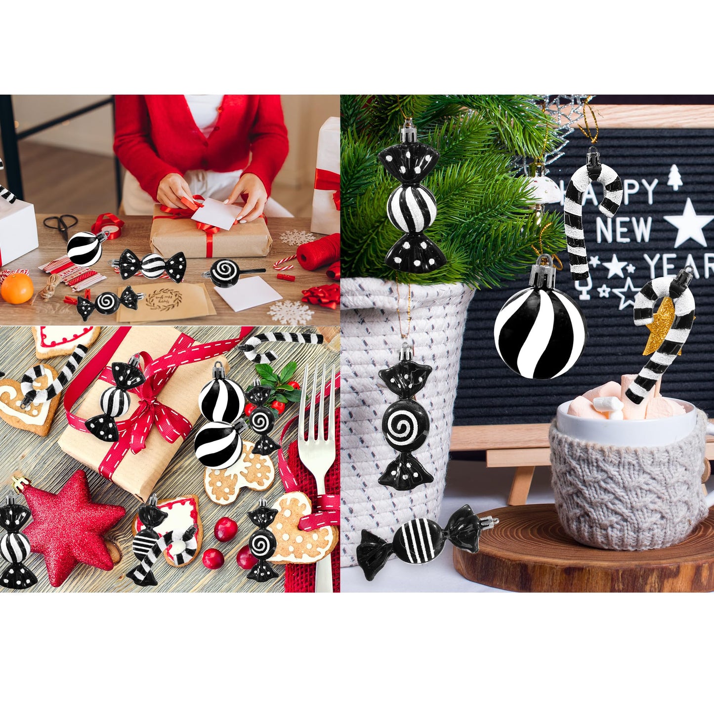 Christmas Candy Cane Lollipop Ornaments for Christmas Tree 30Pcs Xmas Plastic Peppermint Christmas Tree Hanging Ball Pendants for Xmas Party Indoor New Year Holiday Home Decorations (Black)