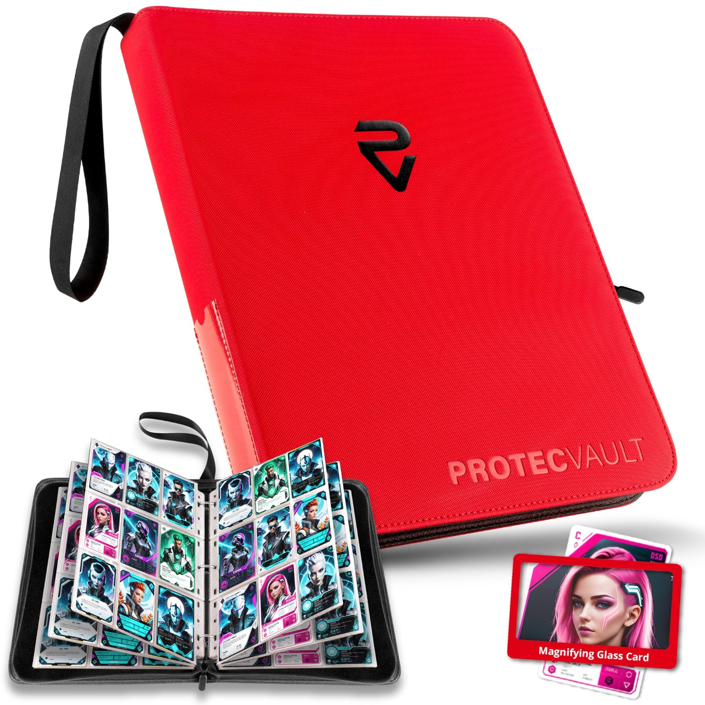 Pokemon Card Binder 900 Pocket with Magnifying Glass - Trading Card Storage Album Zipper 3 Ring for MTG Sports Cards TCG - Premium Red Holder Organizer