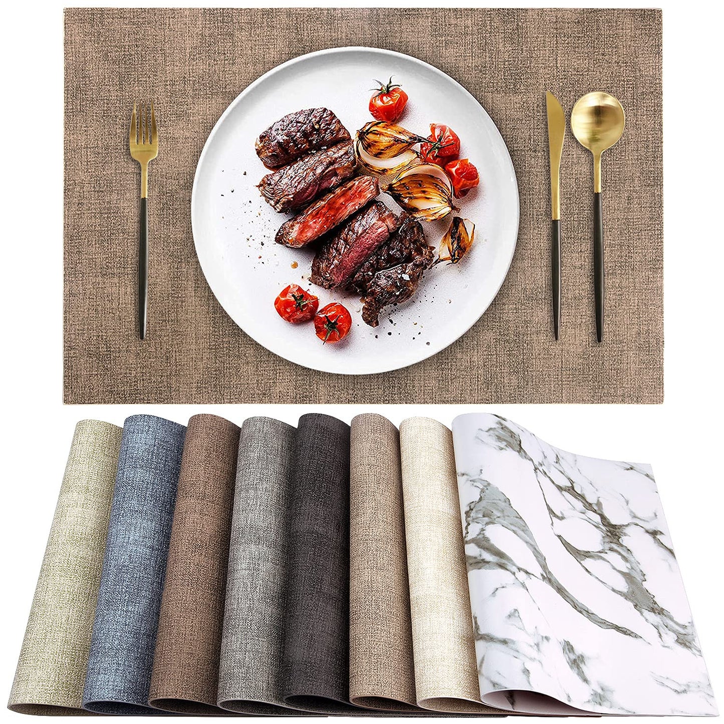 LANDVIEW Leather Heat Resistant Placemats Set of 6 Waterproof Wipeable Washable PU Table Mats,Easy to Clean Anti-Slip (6, Dark Brown)