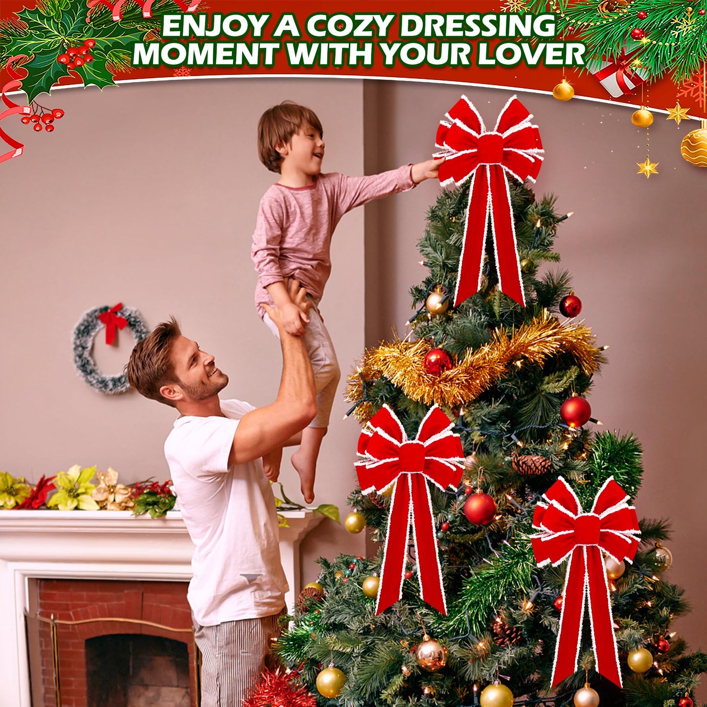 Anyfire Large Red Christmas Bow: 10'' x 21'' Large Christmas Tree Topper Bow Red Velvet Bow with White Edge for Wreath Garland Stair Fireplace Home Indoor Outdoor Xmas Decoration (1 Packs)