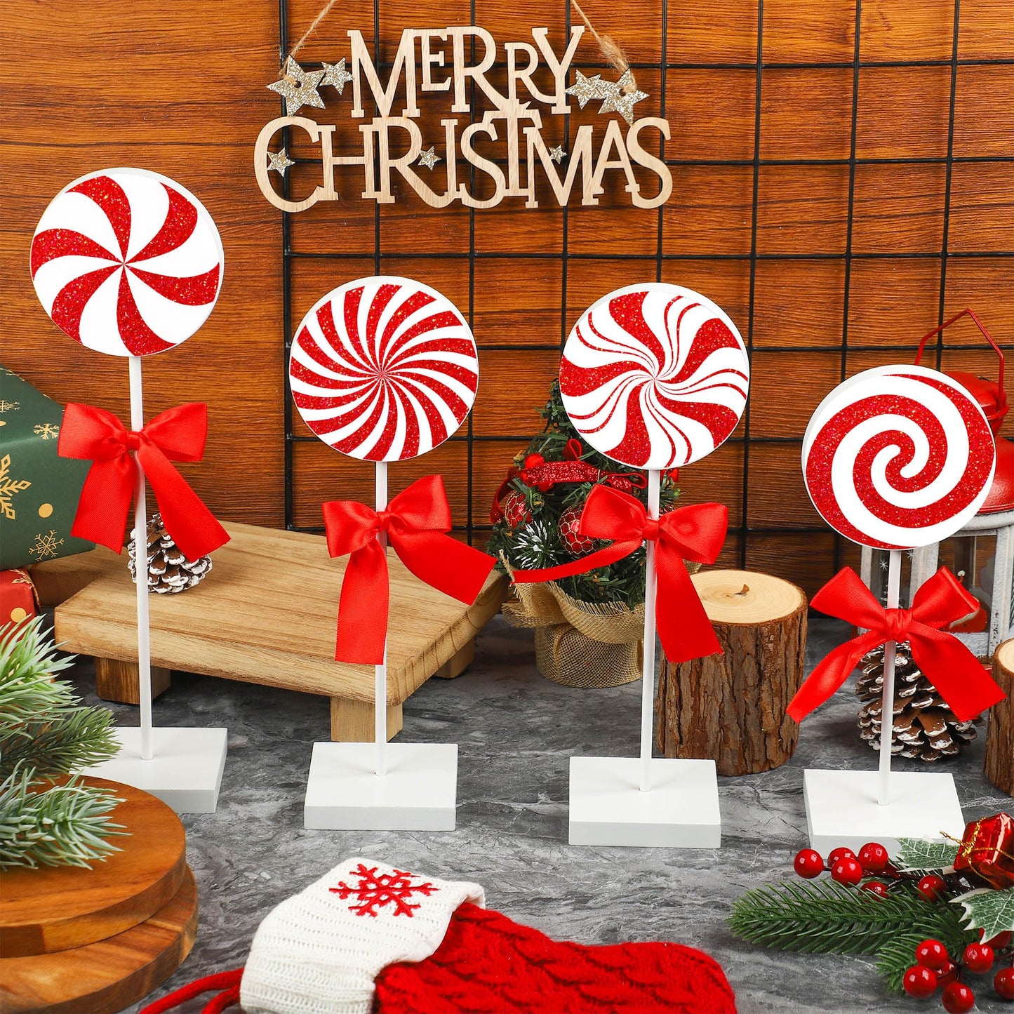 Christmas Wood Tabletop Decor Candy Standing Wooden Table Sign Red Christmas Tiered Tray Decor Rustic Xmas Candy Centerpieces for Xmas Holiday Party Home Kitchen Decors, 4 Pcs