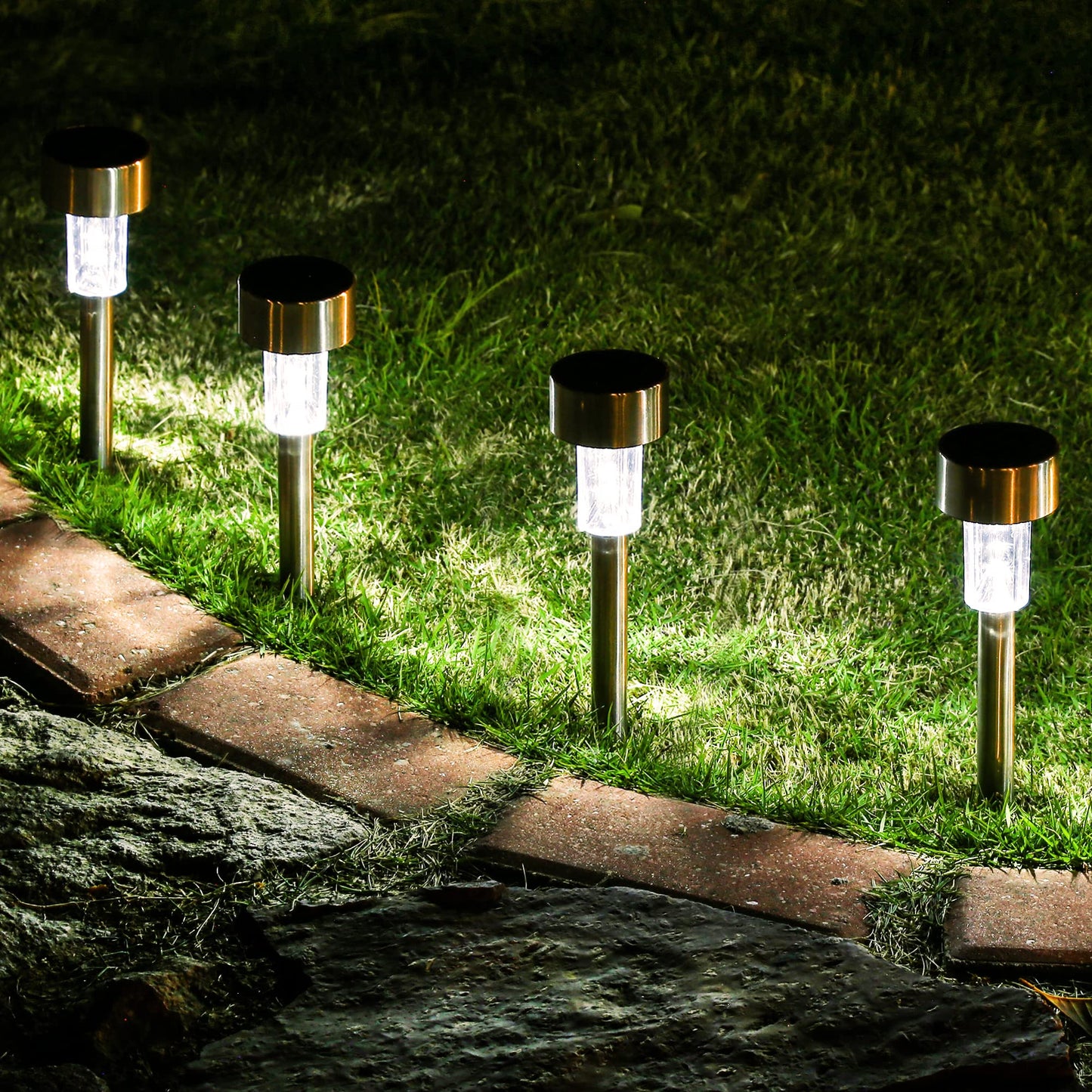 GIGALUMI 16 Pack Solar Lights Outdoor Waterproof,Stainless Steel LED Solar Garden Lights for Patio, Lawn, Yard and Landscape(Cold White)