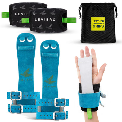 LEVIERO Gymnastics Grips Set Narrow Squeeze, Grips for Gymnastics Girls, Dowel Grips with Soft Leather, Double Buckle Wrist Closure, and Adjustable Finger Holes, for All Ages - (Aqua, 000)