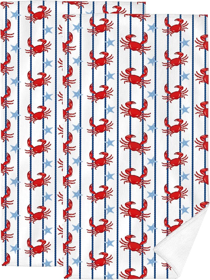 Cute Crabs Coastal Hand Towels for Bathroom Decorative Set of 2 Absorbent Nautical Bath Towels Gifts Beach Spa Yoga Swim Gym Home Farmhouse Kitchen Summer Ocean Themed Bathroom Decor 14"x28"