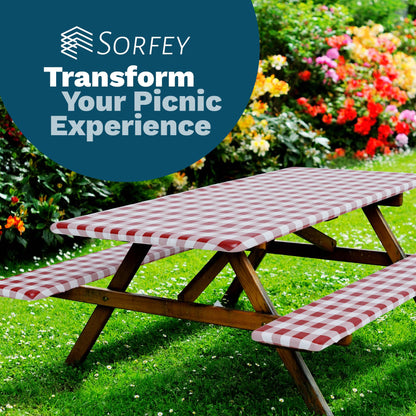 Sorfey Picnic Table Cover with Bench Covers -Fitted with Elastic, Vinyl with Flannel Back, Fits for Table 28"x 72" Rectangle,Water Proof, Checked Red Design