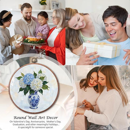 Threegoat Chinoiserie Spring Floral Framed Round Wall Art,Blue and White Hydrangea Flowers Wall Art Decor for Bedroom,Vintage Wall Hanging Decor for Grand Millenial Grandmillennial Home - A05
