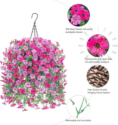 HyeFlora Artificial Hanging Flowers Basket for Outdoor, Fake Flowers Faux Plants Look Real for Yard Gardens Porch Patio Home (Purple+Hotpink)