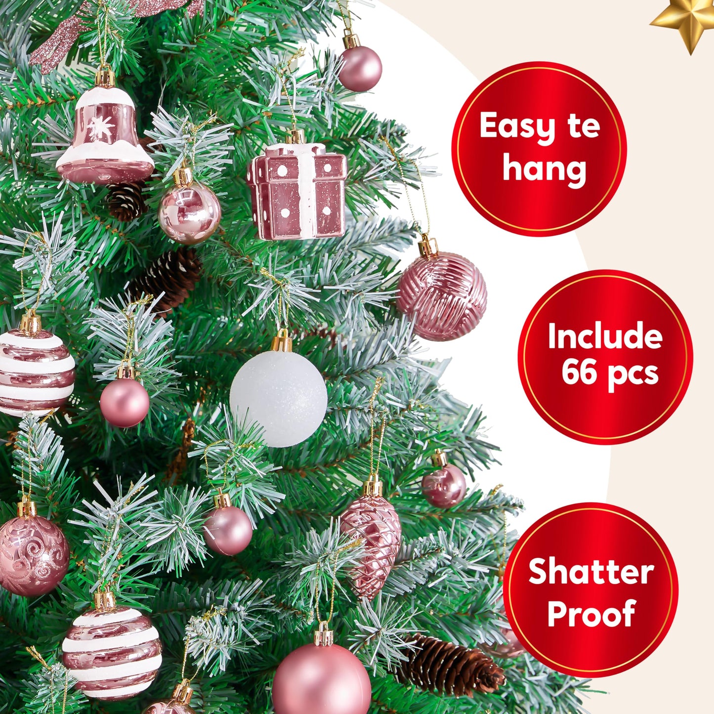Joiedomi 66 Pcs Pink Christmas Balls Ornaments Set, Christmas Tree Ornaments Shatterproof Plastic for Xmas Hanging Decoration, Holiday Party Decoration