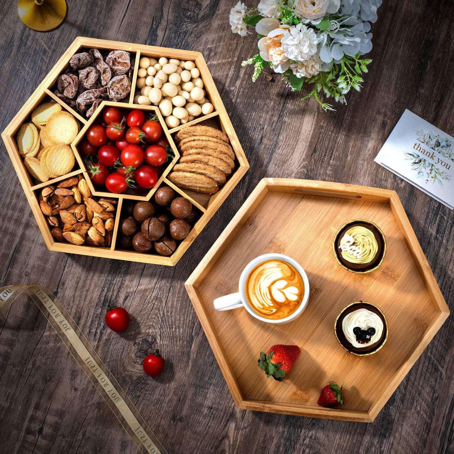 Snack and Serving Tray Set – 13" Divided Bamboo Appetizer Platter for Dry Fruit, Nuts, Cheese and Charcuterie (Bamboo, 13"x11")