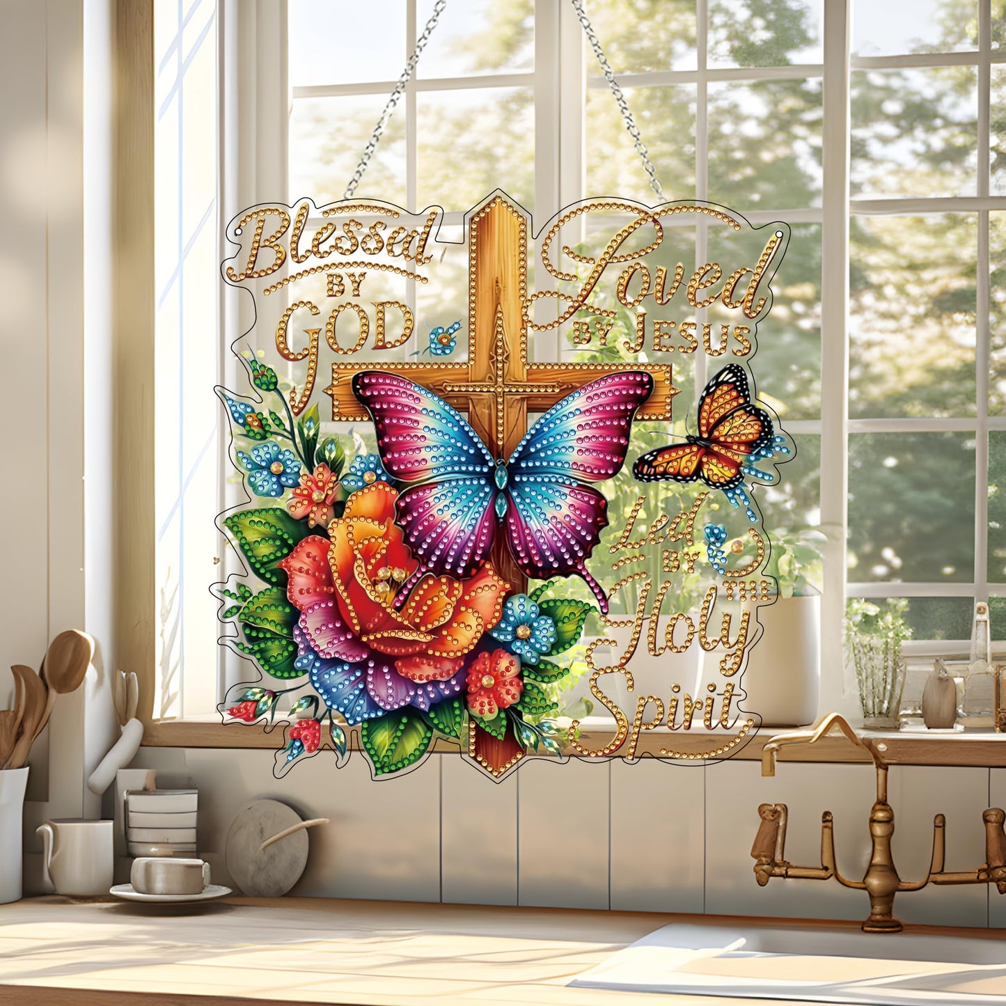 DIY Diamond Art Painting Wreath Kits，Special Shaped Rhinestone Hanging Ornament Diamond Art Window Pendants for Gift Home Garden Wall Hanging Kits,Double Sided (Cross)