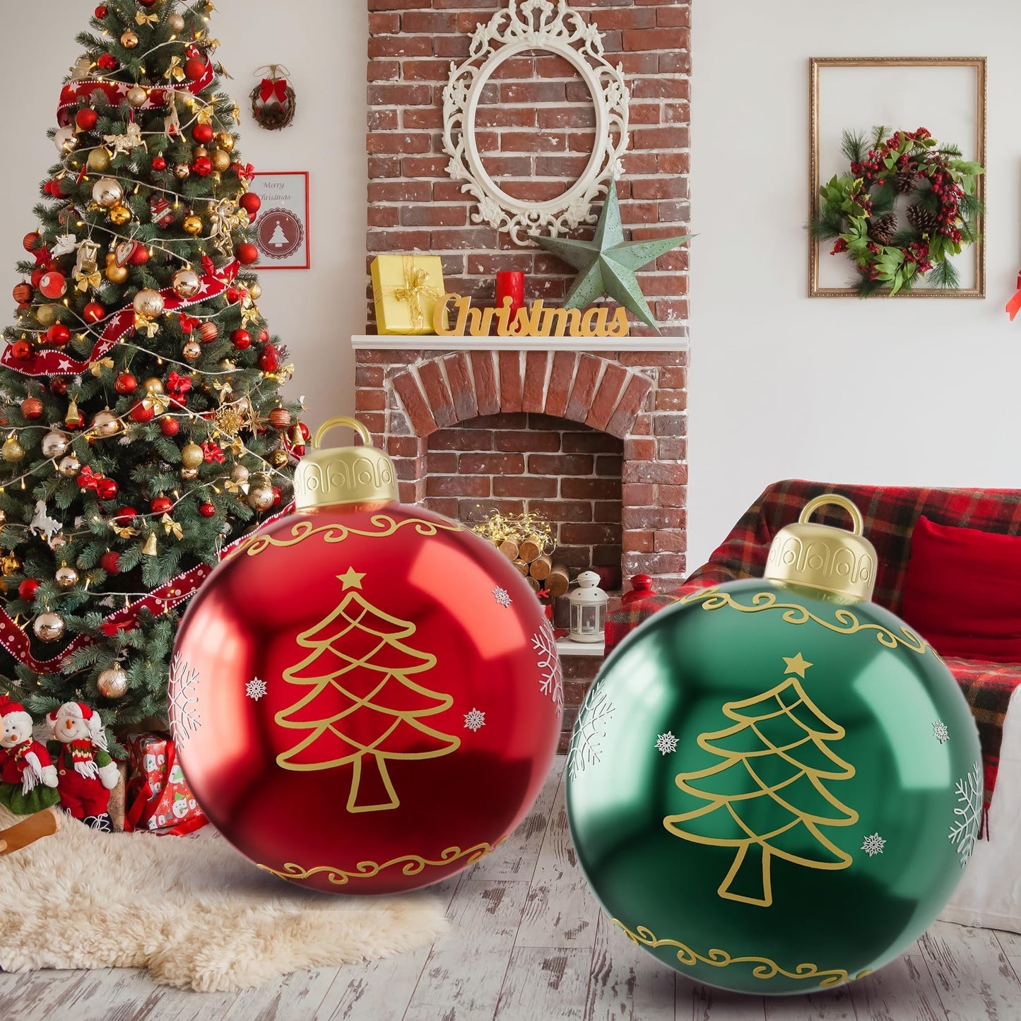 2PCS 24 Inch Inflatable Christmas Ornaments Balls, PVC Giant Blow up Christmas Ornaments, Blow up Jumbo Xmas Balls Outdoor Jumbo Ornament for Outside Holiday Yard Lawn Decor(Red Green Tree)