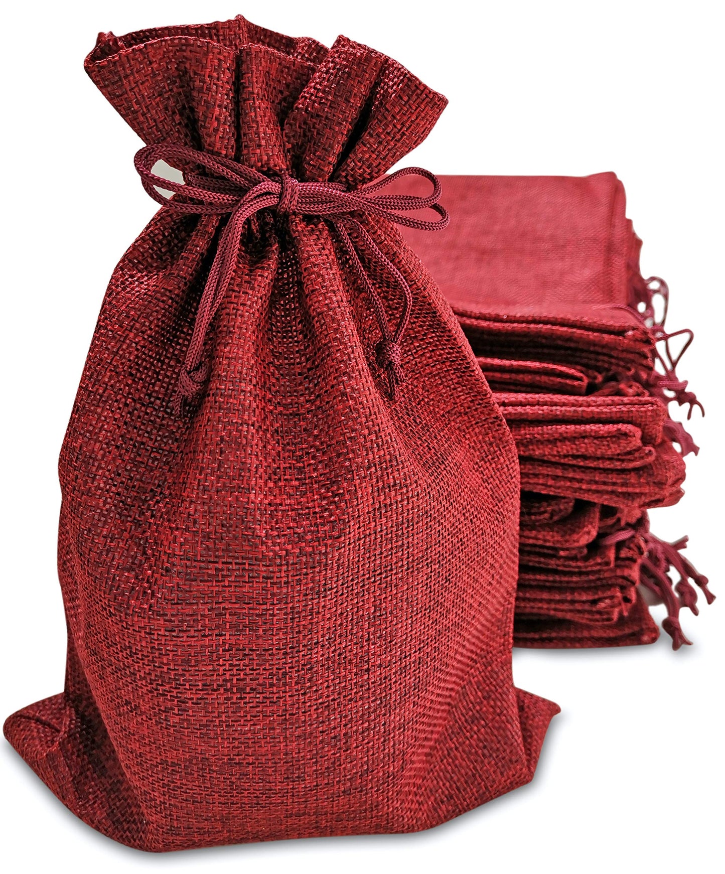 50 Red Burlap Bags with Drawstring, 5x8 Inch (5x7 Internal) Gift Bag Bulk Pack for Christmas, Advent, Holiday Gift Wrap, Wedding and Birthday Party Favors, Jewelry and Treat Pouches (Red)
