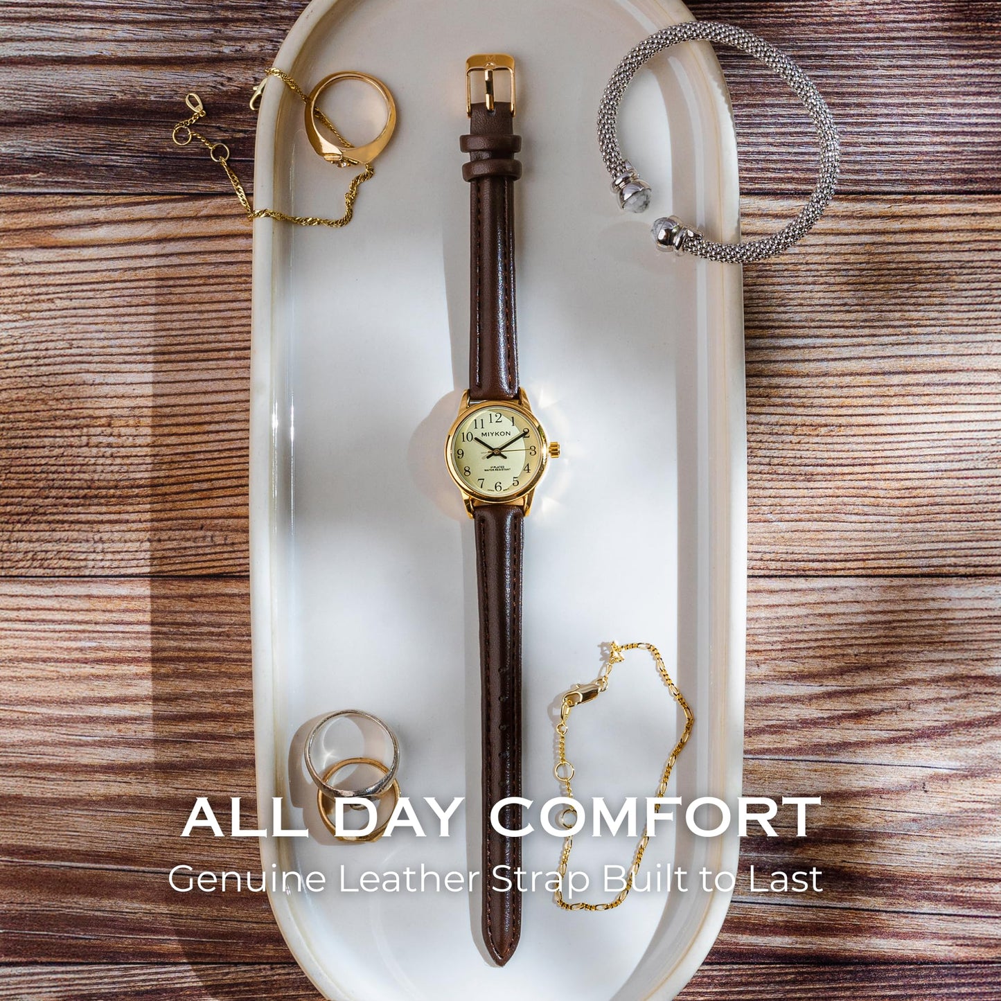 Miykon Dainty Minimalist Casual Dress Watches for Women – Small Easy Reader Analog Watch with Genuine Leather Strap and Second Hand – Japanese Quartz, Waterproof to 100ft (Brown Strap, Gold Case, Gold Dial, 26mm)