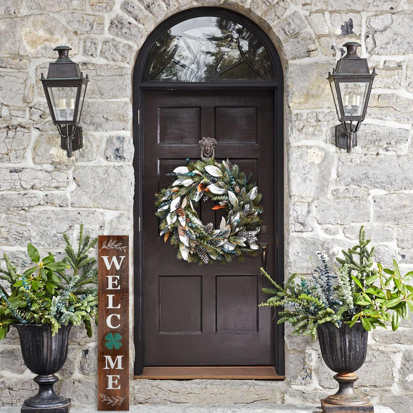 Perfnique Interchangeable Welcome sign for front porch standing, 47 x 7.9 Inch Black Wooden Leaner Sign with 10 Interchangeable Designed Icons, Morden Farmhouse Rustic Seasonal Decor for Spring