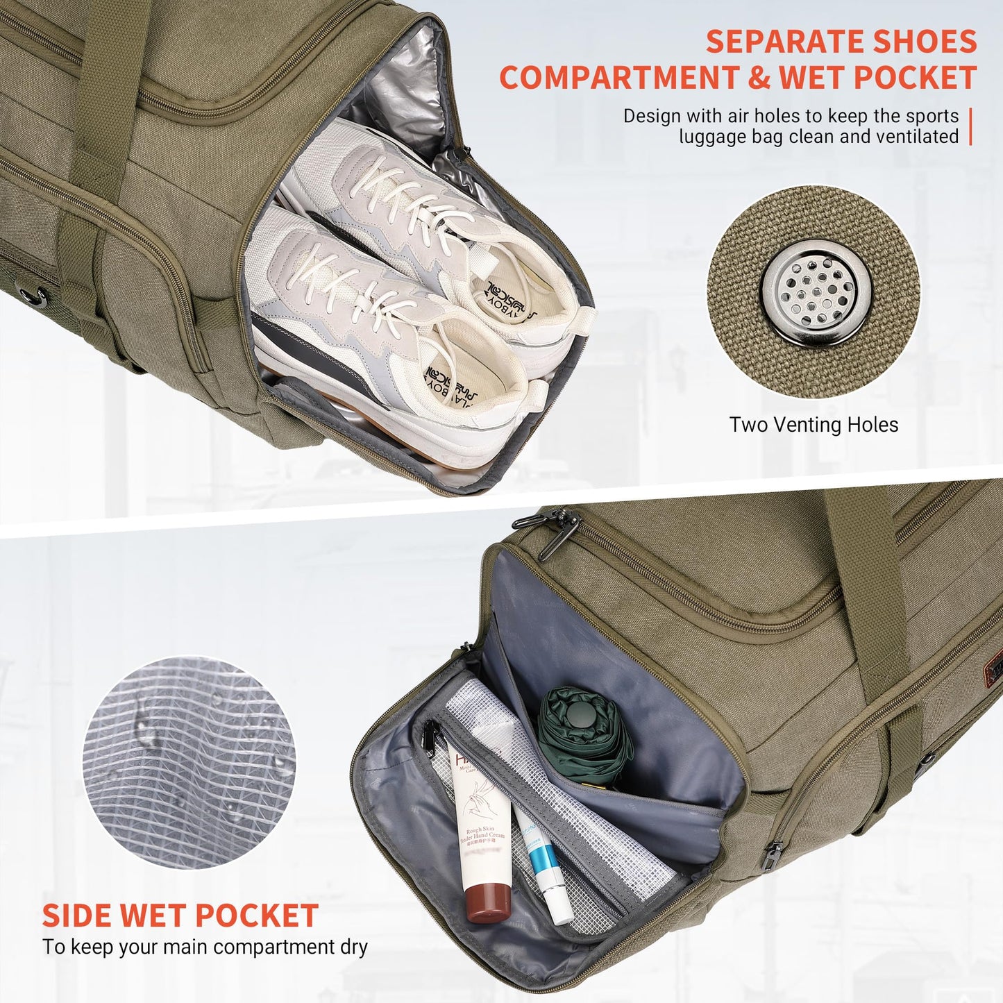WITZMAN Canvas Duffel Bags for Men Traveling 3 in 1 Backpack Carry-on 40L Weekender Overnight Bag with Shoe Compartment(A8006/2 Army Green)