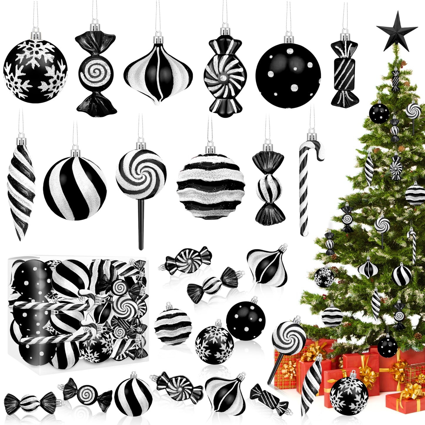 Candy Christmas Ornaments Set, Candy Cane Ornaments for Christmas Tree, Black Christmas Tree Decor 48pcs