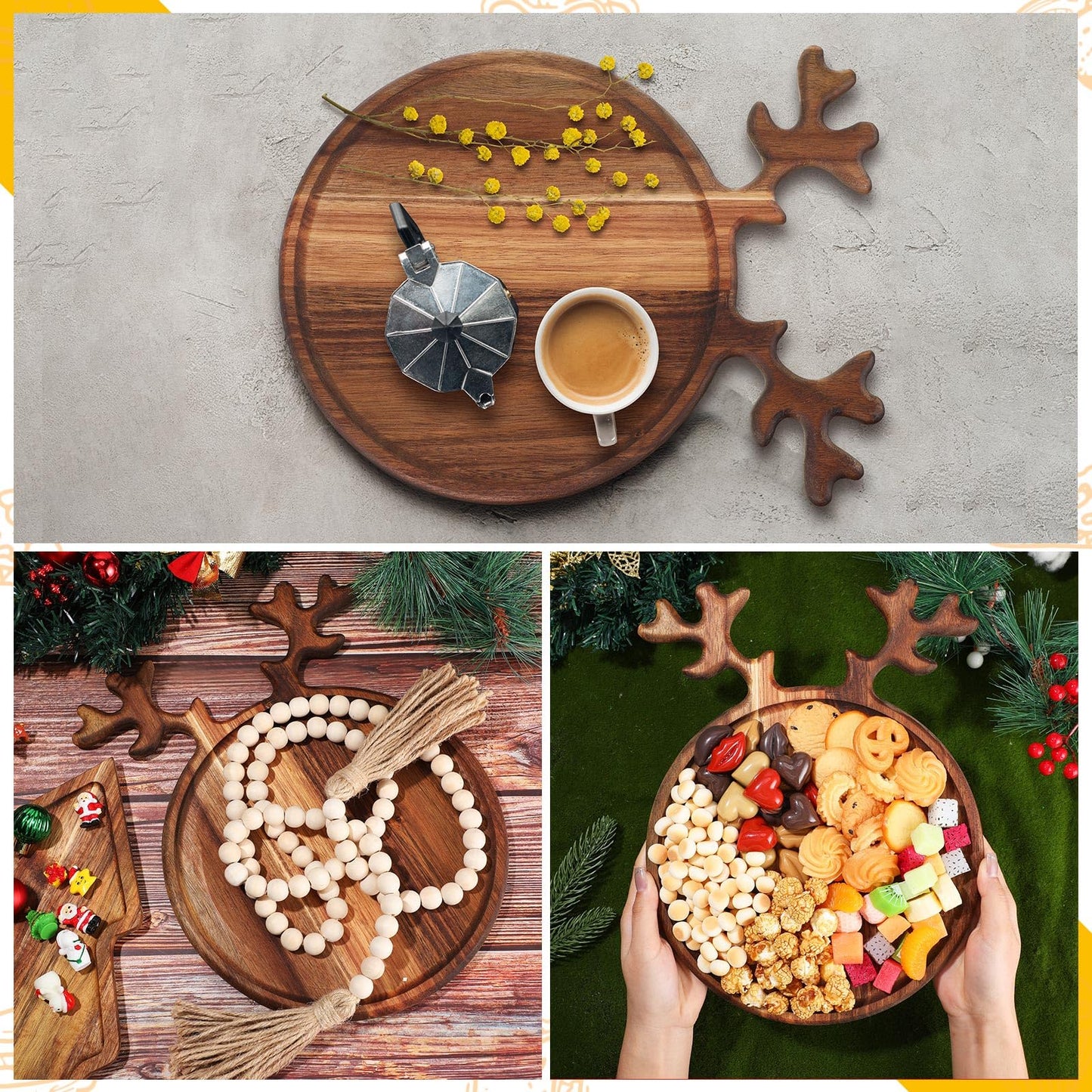 Umigy 2 Pcs Christmas Charcuterie Boards Christmas Tree Wooden Cutting Board with Handle Antler Acacia Wood Cute Cutting Board for Cheese Fruit Bread Salad Vegetables Snack Dessert