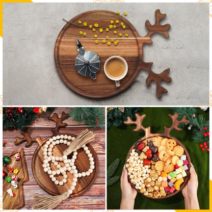 Umigy 2 Pcs Christmas Charcuterie Boards Christmas Tree Wooden Cutting Board with Handle Antler Acacia Wood Cute Cutting Board for Cheese Fruit Bread Salad Vegetables Snack Dessert