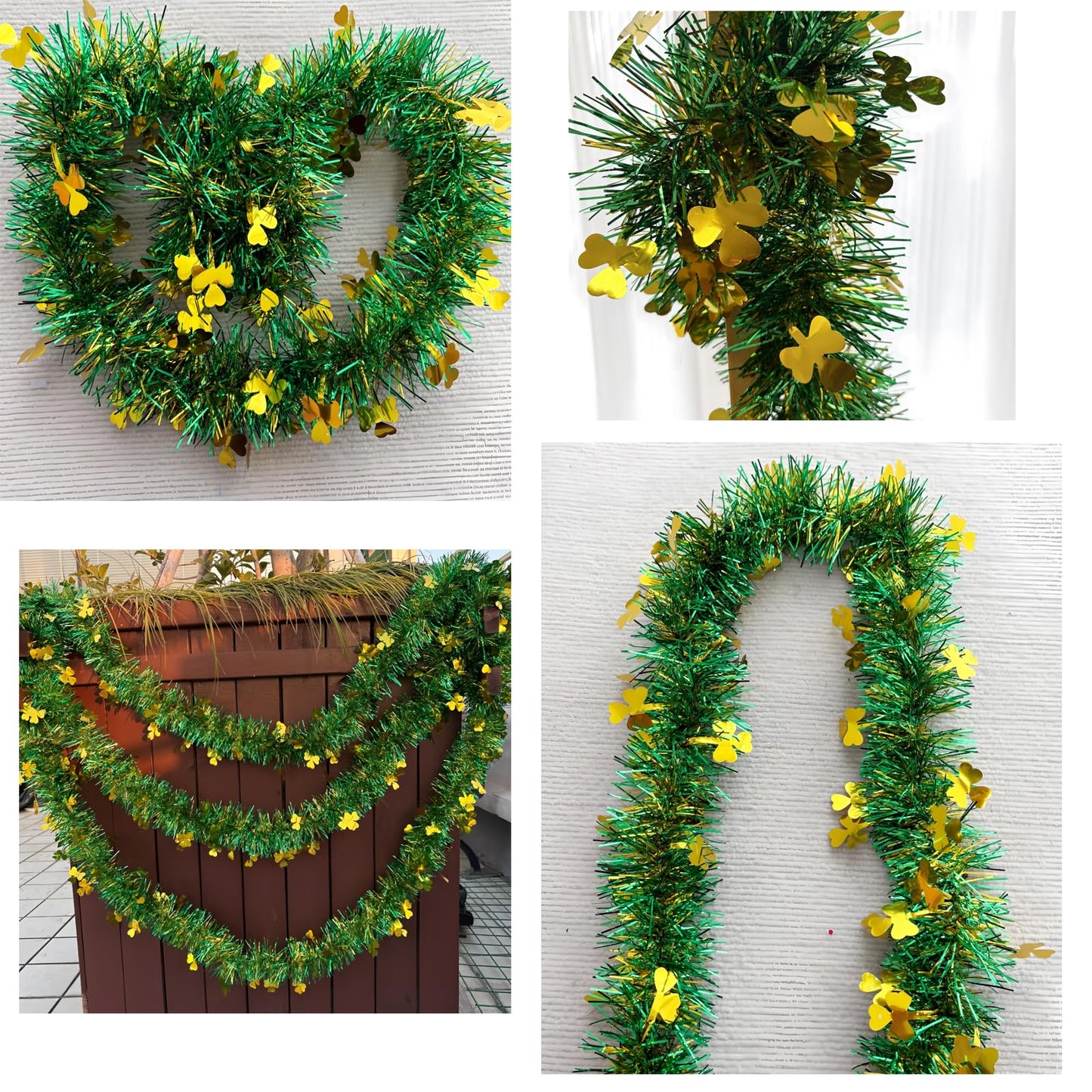 LKBBC St. Patrick Garland, 50 FT Green Gold Fringe Tinsel Garlands with Lucky Shamrock Clover Hanging Glitter Streamers for Irish Ireland Themed Party Home Decoration