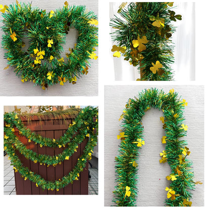 LKBBC St. Patrick Garland, 50 FT Green Gold Fringe Tinsel Garlands with Lucky Shamrock Clover Hanging Glitter Streamers for Irish Ireland Themed Party Home Decoration