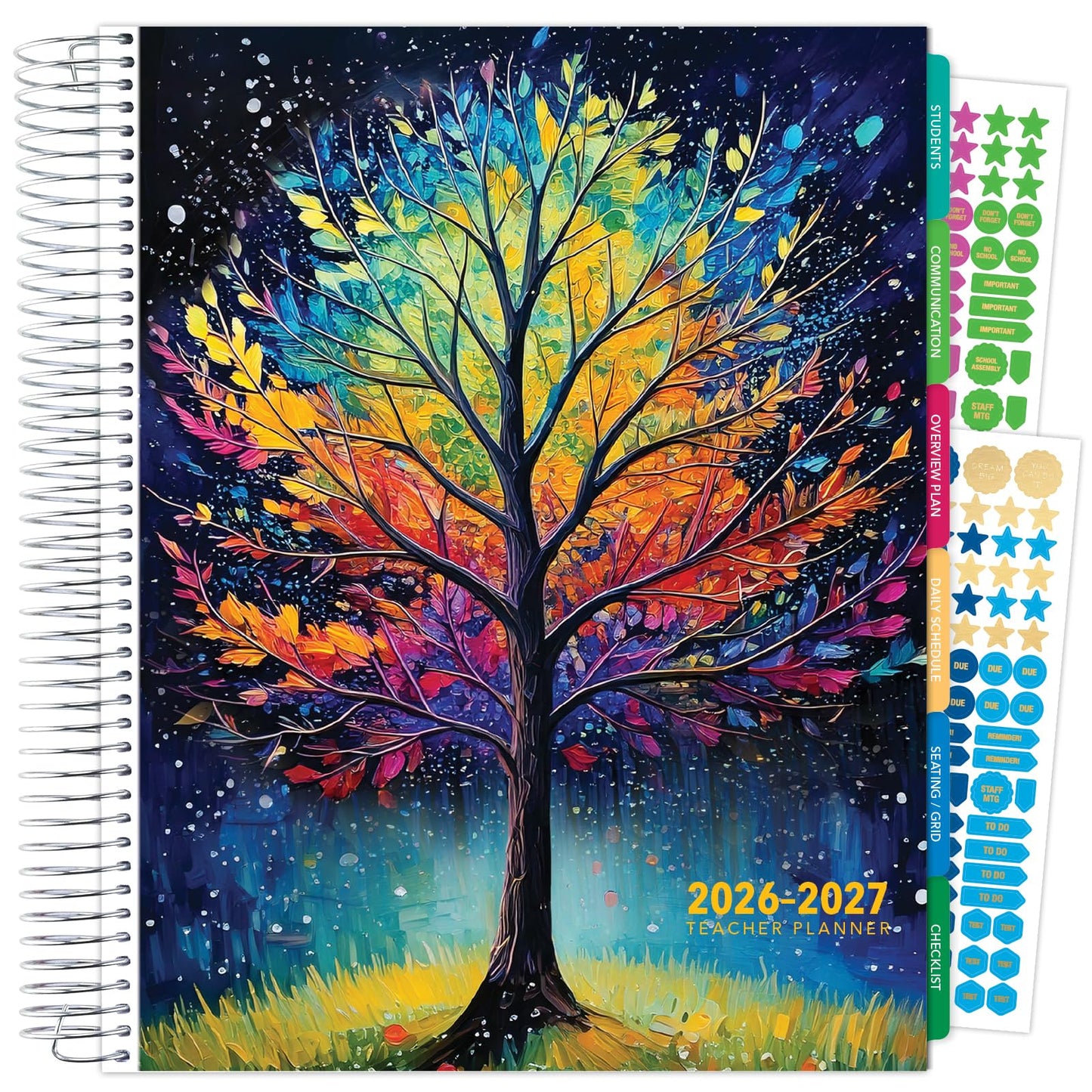 DELUXE TEACHER PLANNER Aug 2026-Jul 2027 8.5x11 Daily Weekly Monthly Organizers with 7 Periods, Pocket Folder, Dated Calendar, Page Tabs, Bookmark and Planning Stickers (Black Tree Seasons)