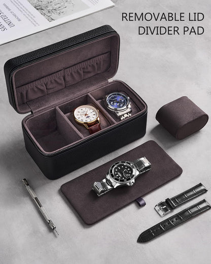 ProCase Black 12 Slot Watch Box and Black 3-Slot Watch Travel Case Bundle, 2-Tier Pull-Out Drawer Organizer, Clear Top Display Lid, Jewelry and Sunglasses Storage, Portable PU Leather Watch Holder
