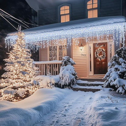Dazzle Bright Christmas Icicle Lights, 88.5 FT 1080 LED 8 Modes Curtain Fairy Lights with 180 Drops, Xmas String Lights for Outdoor Holiday Wedding Party Decorations (White)