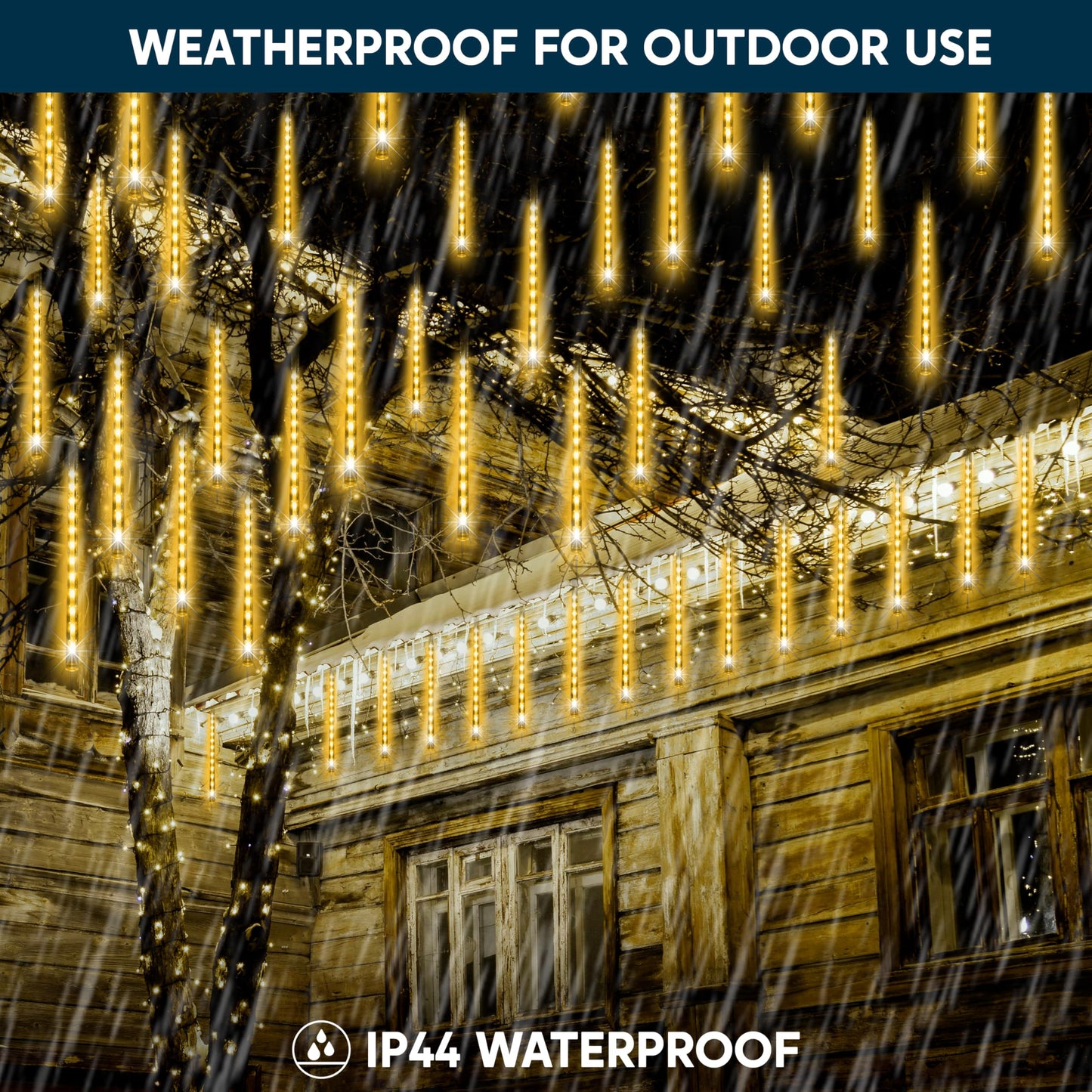 JOYIN Christmas Lights Outdoor,8 Tubes Meteor Shower Lights Warm White,192 LEDs, Snowfall Icicle Cascading Rain Light for Christmas Tree Decorations, Wedding Party Holiday Decor