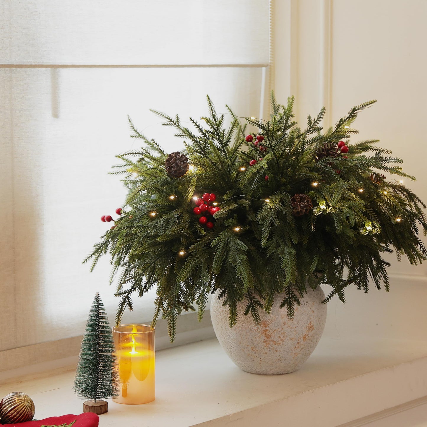 QXXQ 12-Piece Set 24" Artificial Norfolk Pine Branches - Christmas Decorations - Faux Christmas Greenary - Faux Norfolk Pine Stems for DIY Crafts Garland Wreath Home Decor- Free LED String Lights