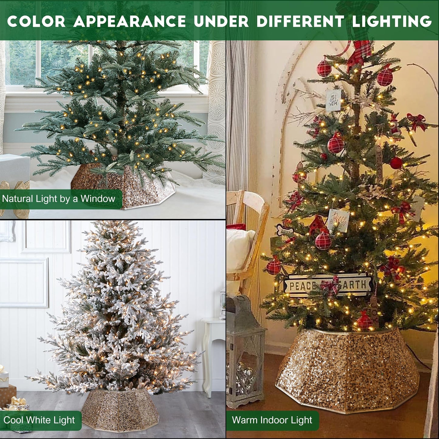 Blissun Sparkling Champagne Gold Christmas Tree Collar – Color Shifts with Light – 25.2″ Bottom / 14.9″ Top Foldable Base Cover