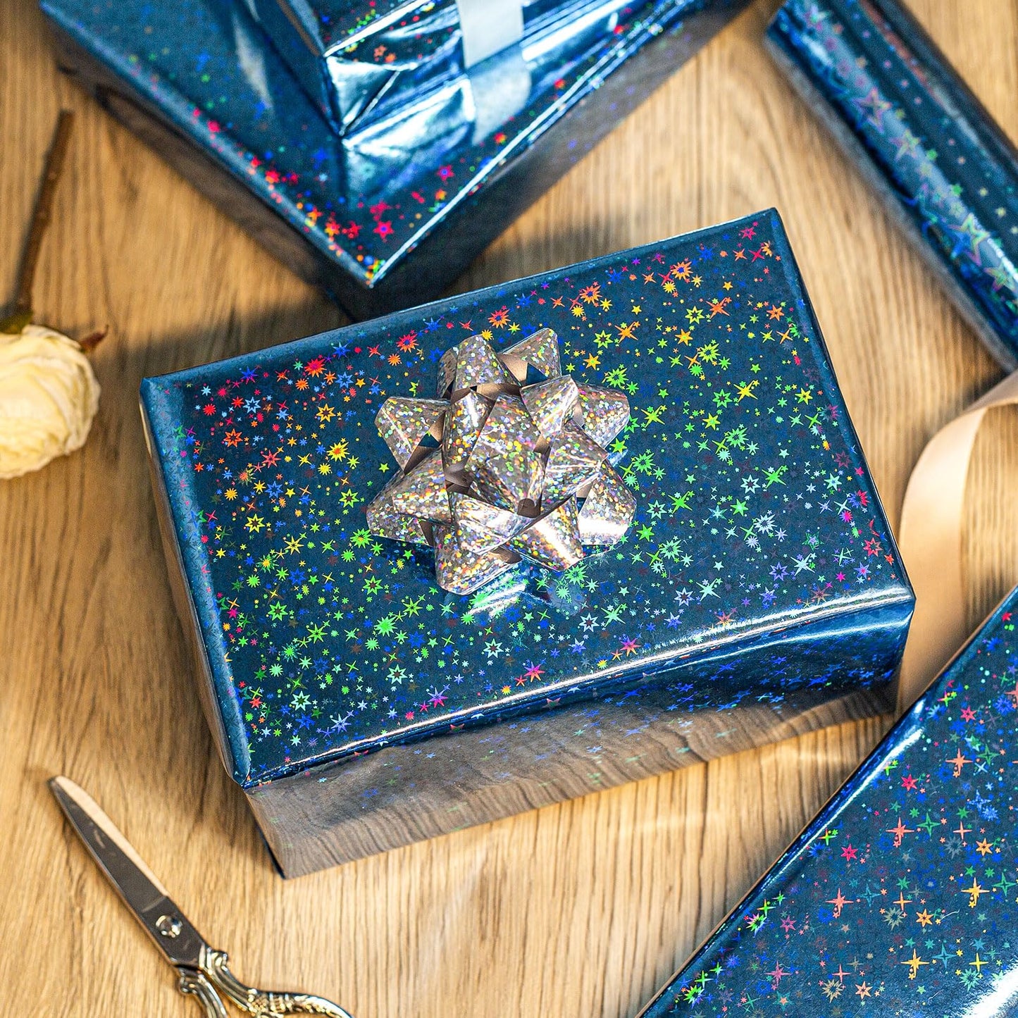 Merture Blue Holographic Wrapping Paper Roll, Blue Space Gift Wrap with Shining Galaxy Design for Birthday, Baby Shower, Christmas, Father's Day, Weeding - 17 In X 32.8 Ft (46.5 sq.ft.)
