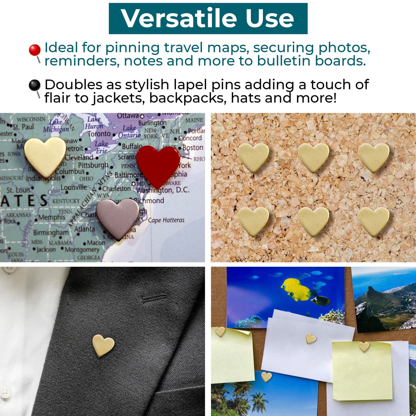 Big Gold Heart Push Pins - Large Gold Metal Heart Map Pins - for Cork Board, Maps, or Lapel Pin Use - Designed in USA - Set of 20