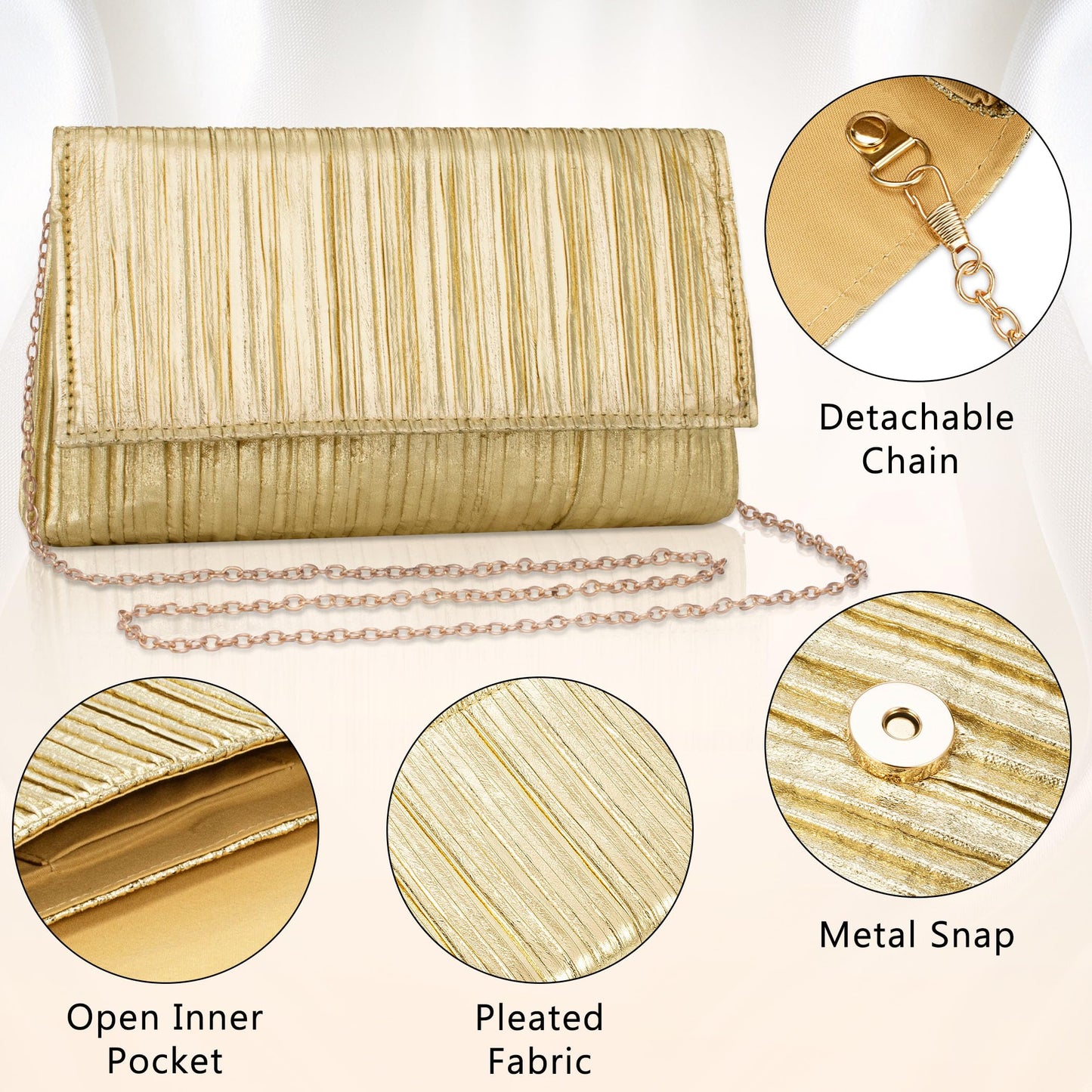 Tmore Clutch Purses for Women PU Leather Clutch Bag with Chain Handbags Soft Pleated Evening Bag (Gold)
